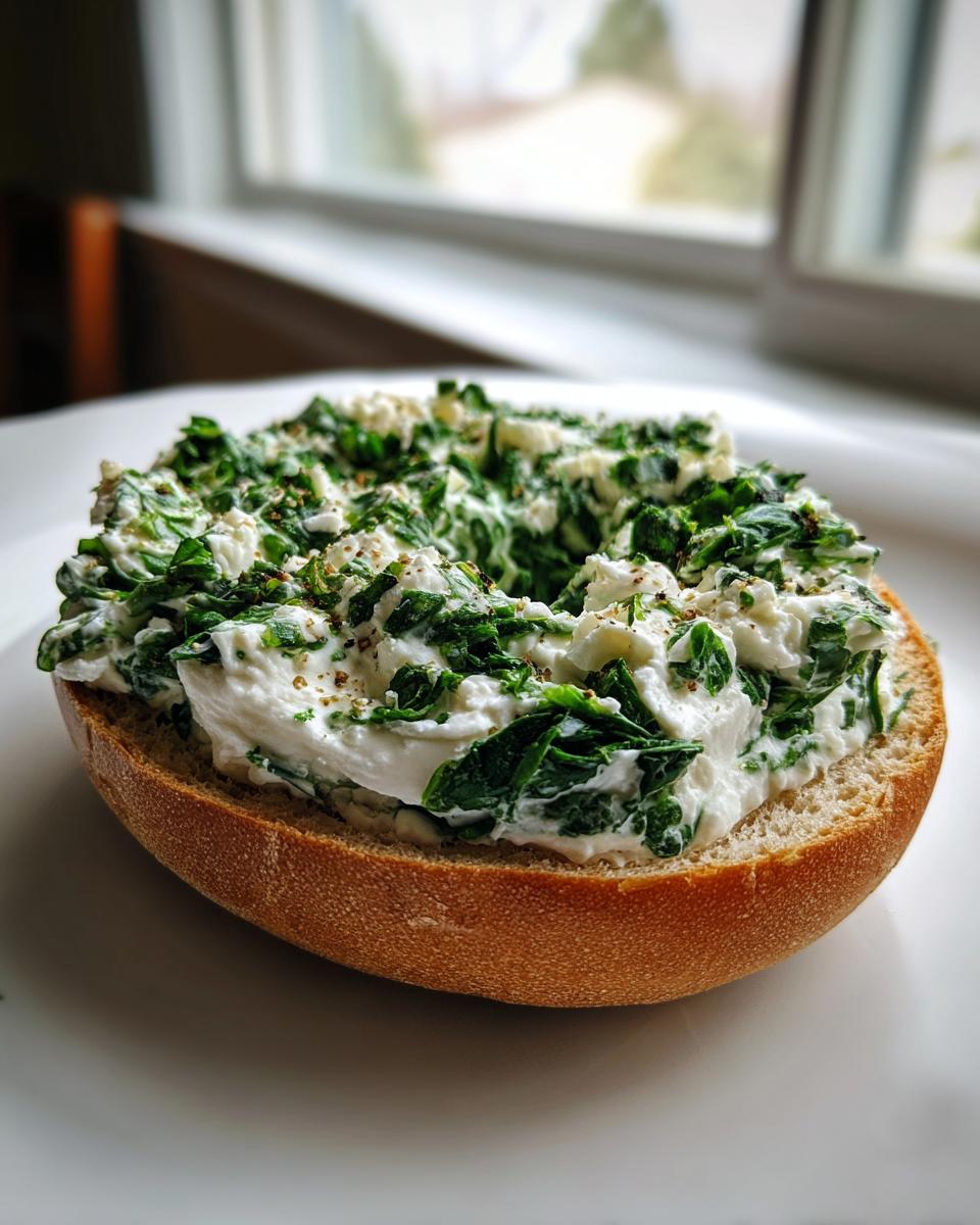 A toasted bagel half topped generously with creamy spinach cottage cheese mixture for a quick spinach cottage cheese bagel breakfast.
