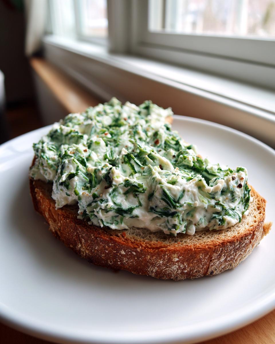 A slice of toasted bread topped generously with creamy spinach cottage cheese mixture for a spinach cottage cheese bagel breakfast.