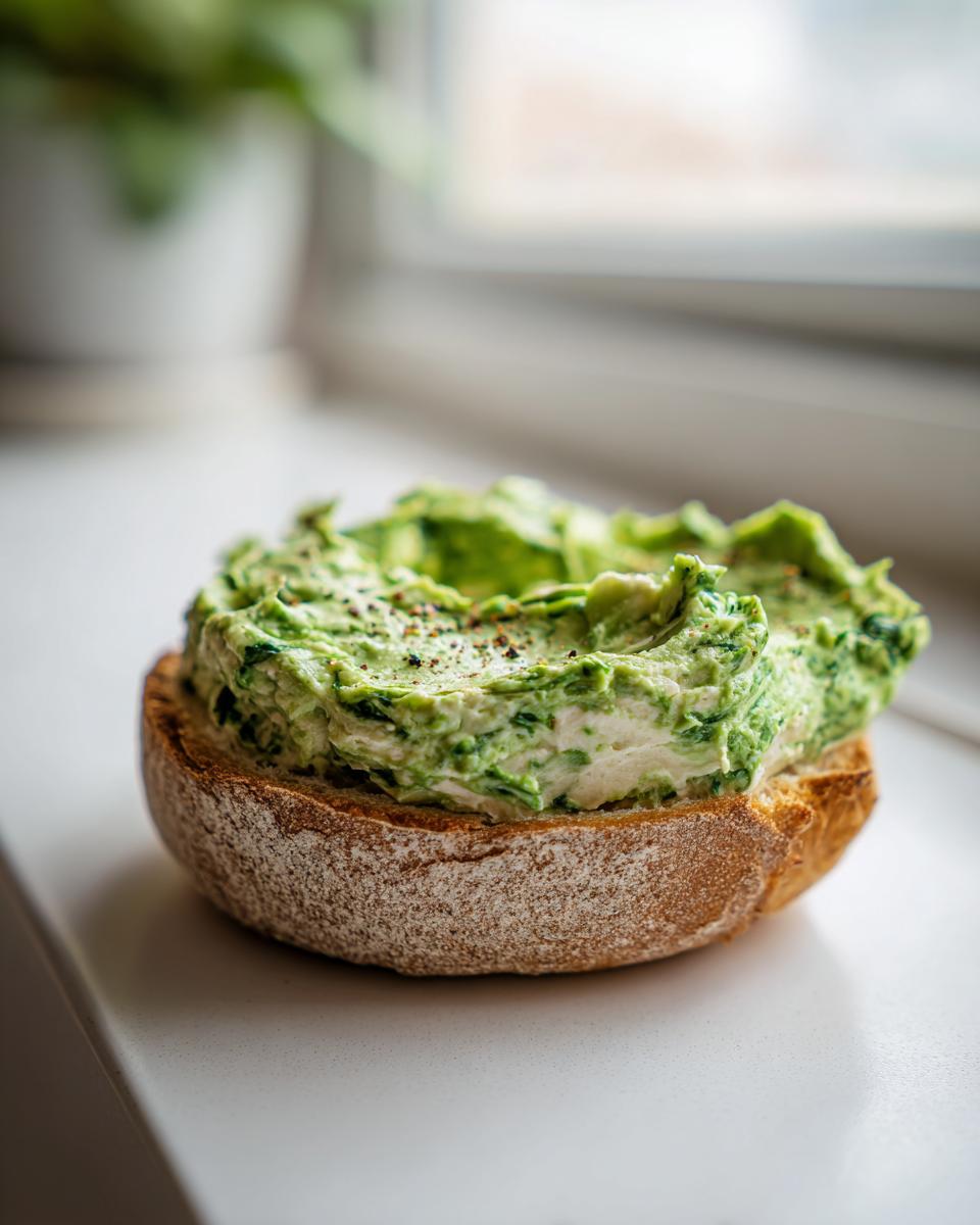 Close-up of a toasted bagel half topped high with green spinach cottage cheese spread for a spinach cottage cheese bagel breakfast.