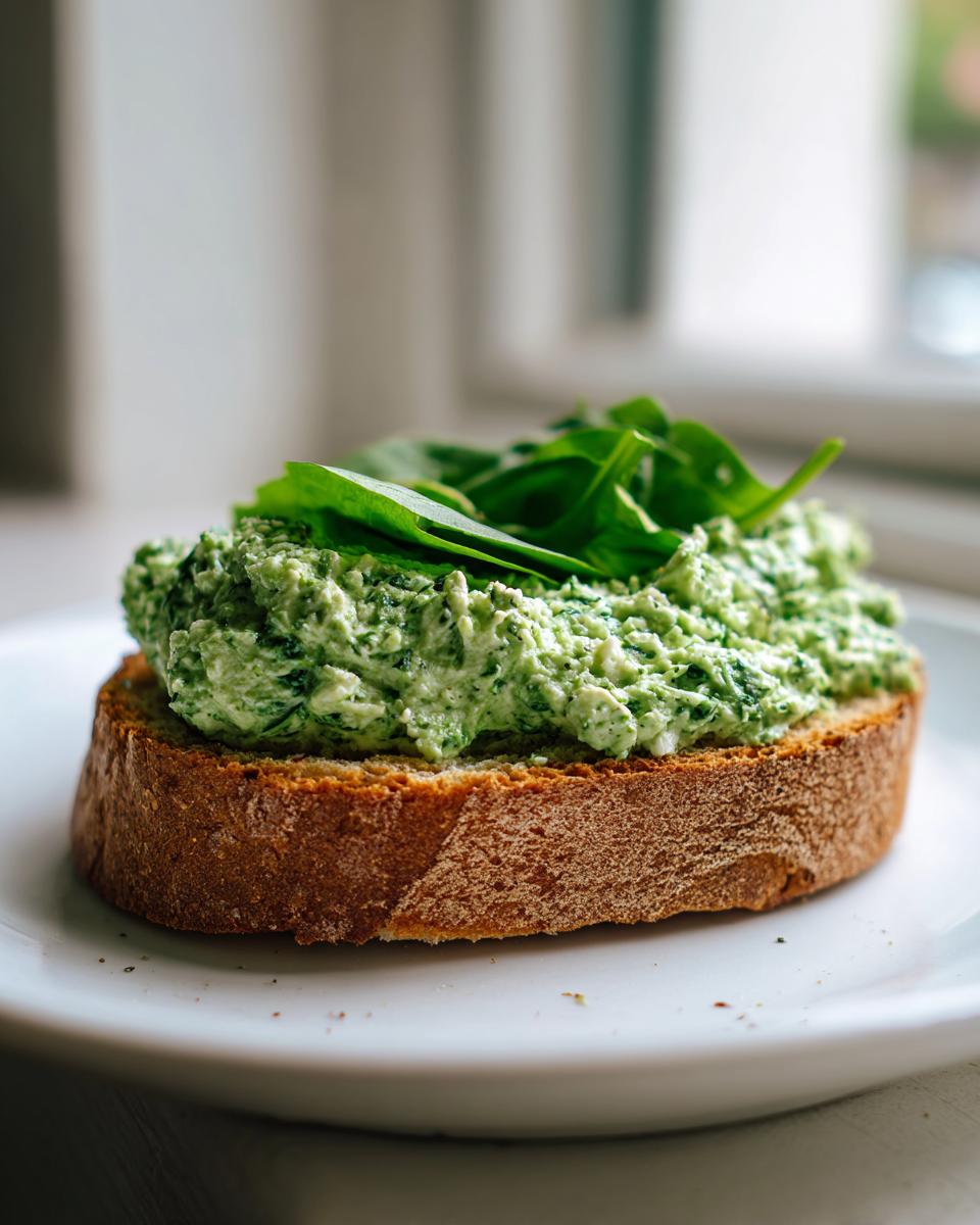 Close-up of a slice of toasted bread topped with vibrant green spinach cottage cheese spread and fresh spinach leaves, perfect for a spinach cottage cheese bagel breakfast.