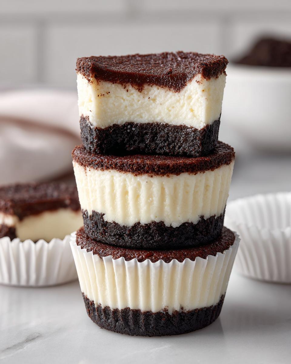 A stack of three decadent mini cheesecakes with dark chocolate crusts and creamy white filling.