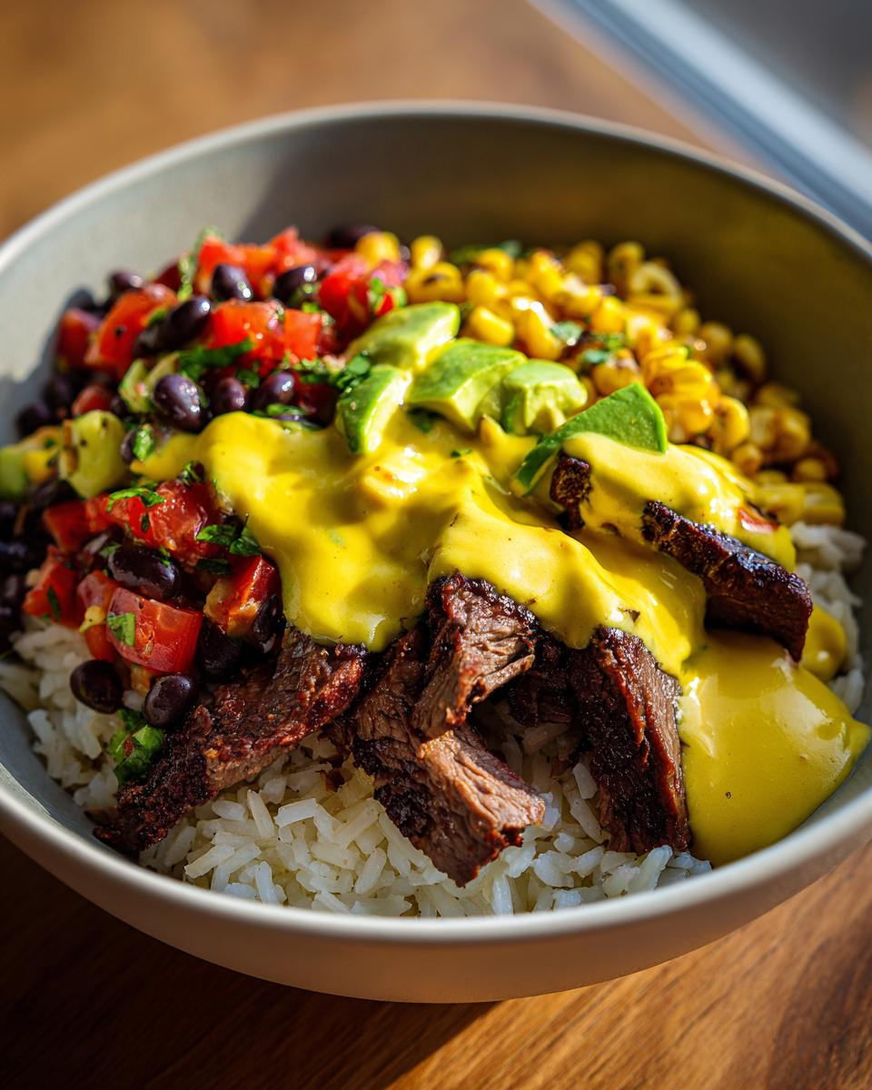 Close-up of a steak queso rice bowl featuring white rice, sliced steak, bright yellow queso, black beans, corn, and avocado.