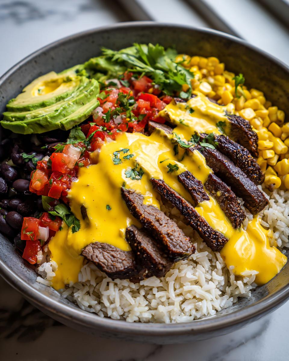 A vibrant steak queso rice bowl featuring white rice, sliced steak, black beans, corn, pico de gallo, avocado, and bright yellow queso sauce.