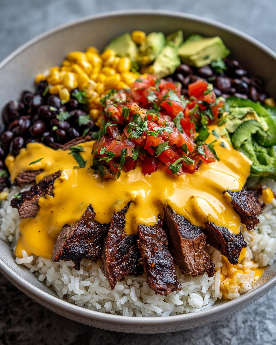 A close-up of a delicious steak queso rice bowl featuring sliced seasoned steak, bright yellow queso, pico de gallo, corn, black beans, and avocado.