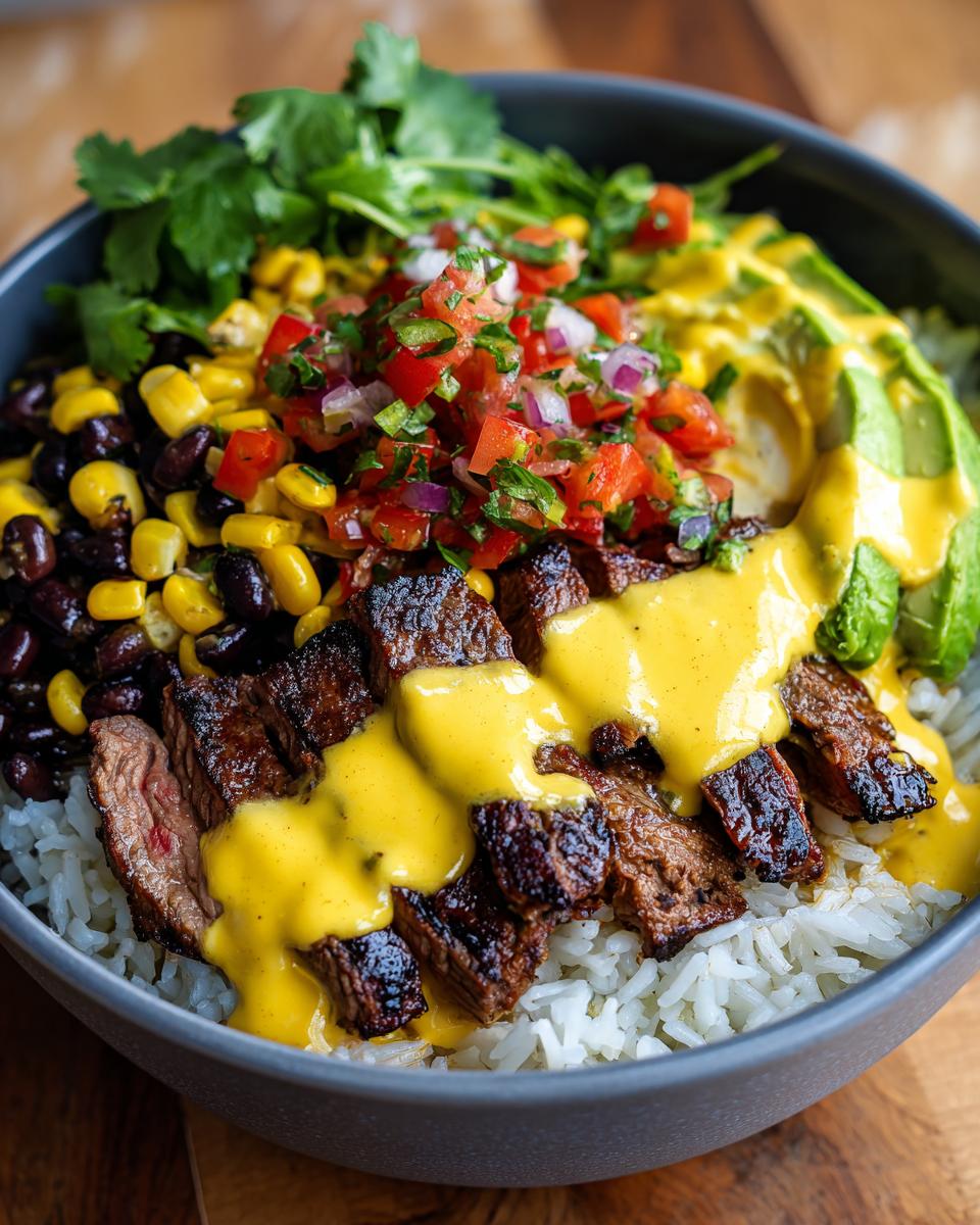Close-up of a steak queso rice bowl featuring sliced steak, white rice, bright yellow queso sauce, black beans, corn, pico de gallo, and avocado.