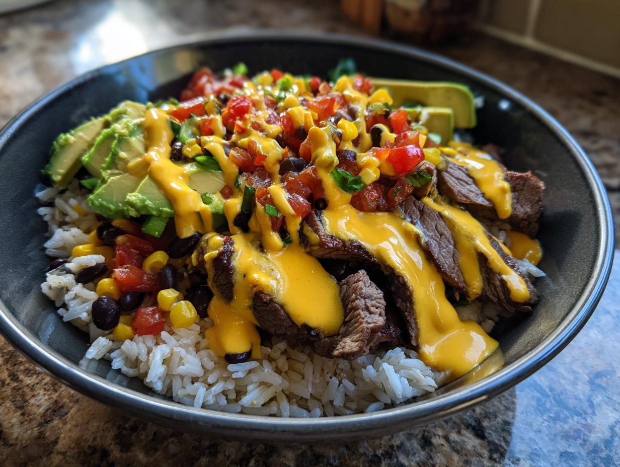 A close-up of a hearty steak queso rice bowl featuring sliced steak, white rice, black beans, corn salsa, avocado, and drizzled with bright yellow queso.