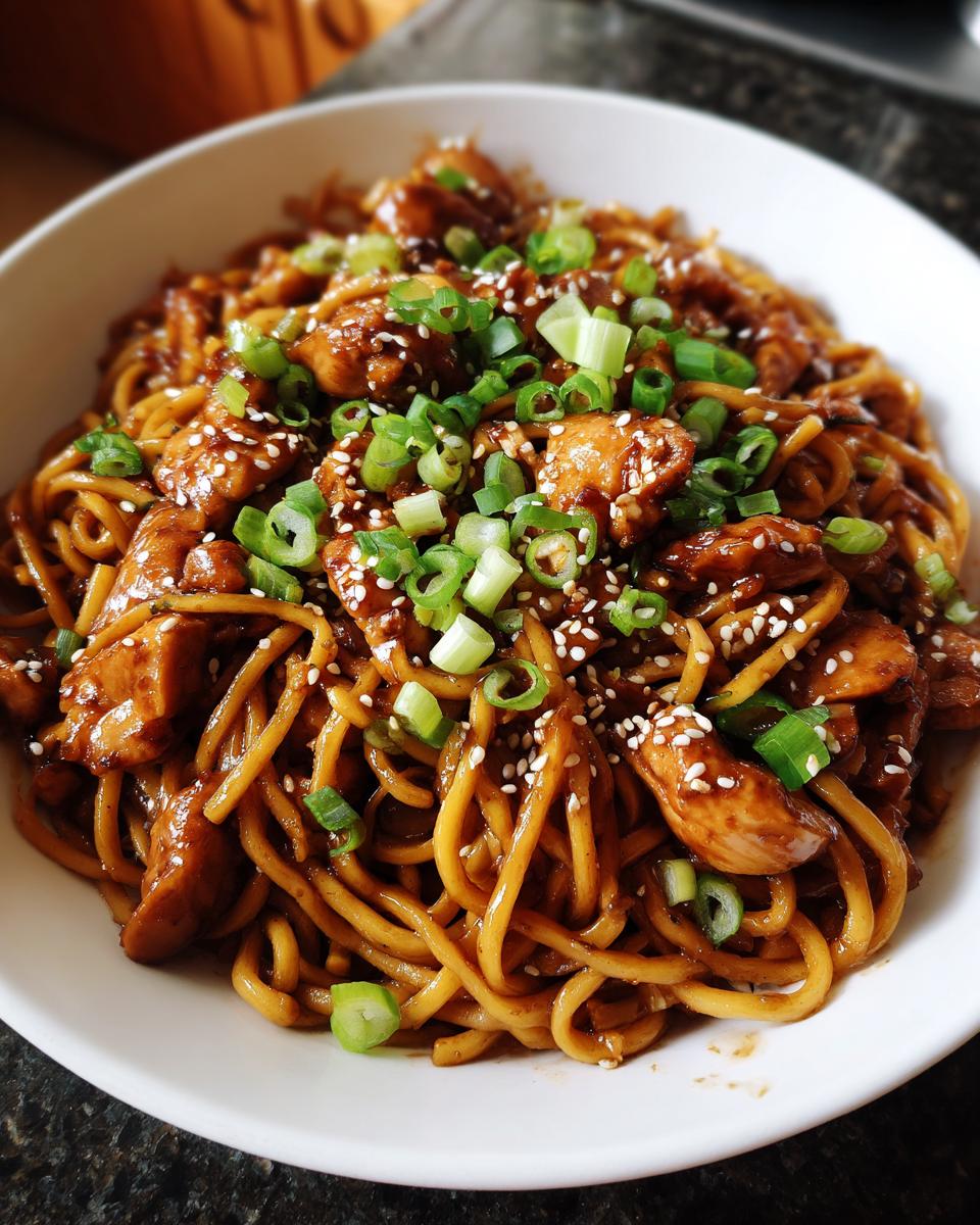 A close-up of a white bowl filled with glossy sticky garlic chicken noodles, topped with green onions and sesame seeds.