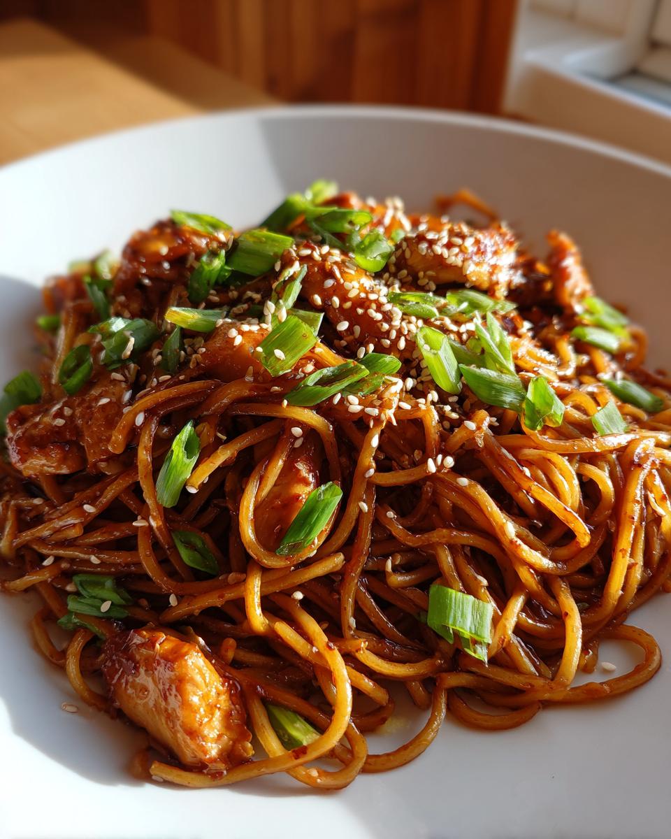 A close-up of glossy sticky garlic chicken noodles topped with sesame seeds and chopped green onions.