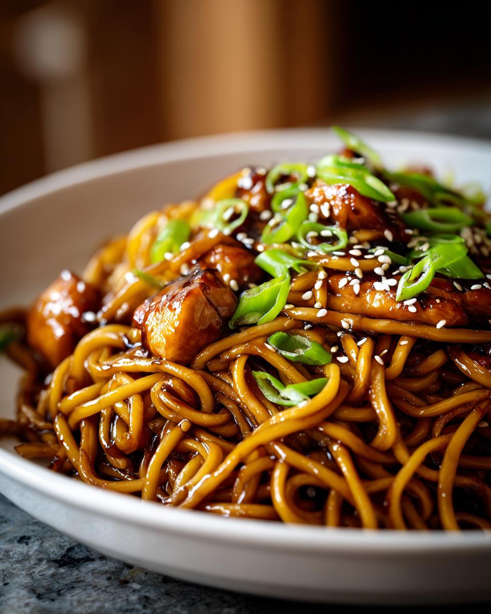 A close-up of glossy, dark sauced sticky garlic chicken noodles topped with sesame seeds and sliced green onions.