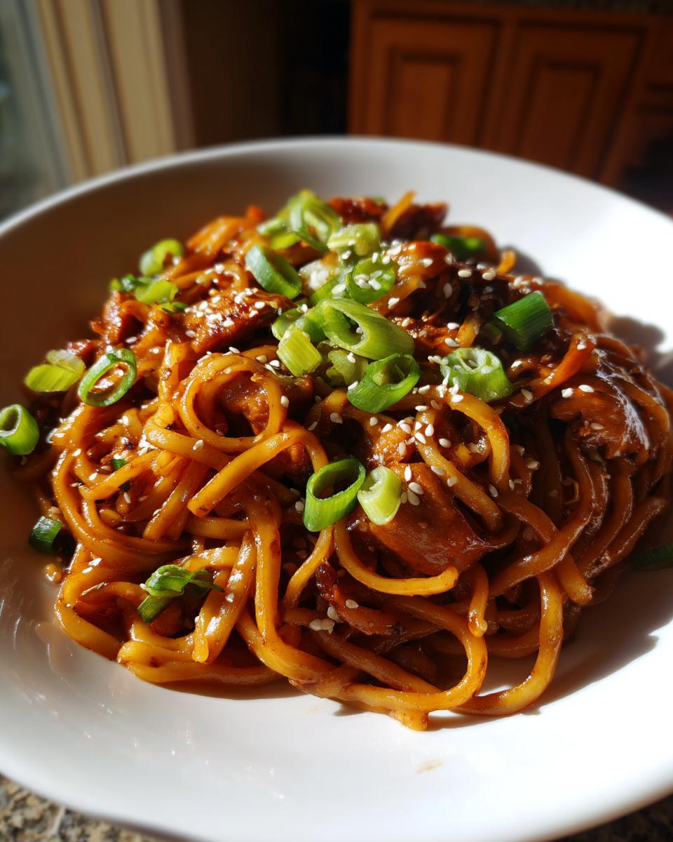 A close-up view of glossy, saucy sticky garlic chicken noodles topped with sliced green onions and sesame seeds.
