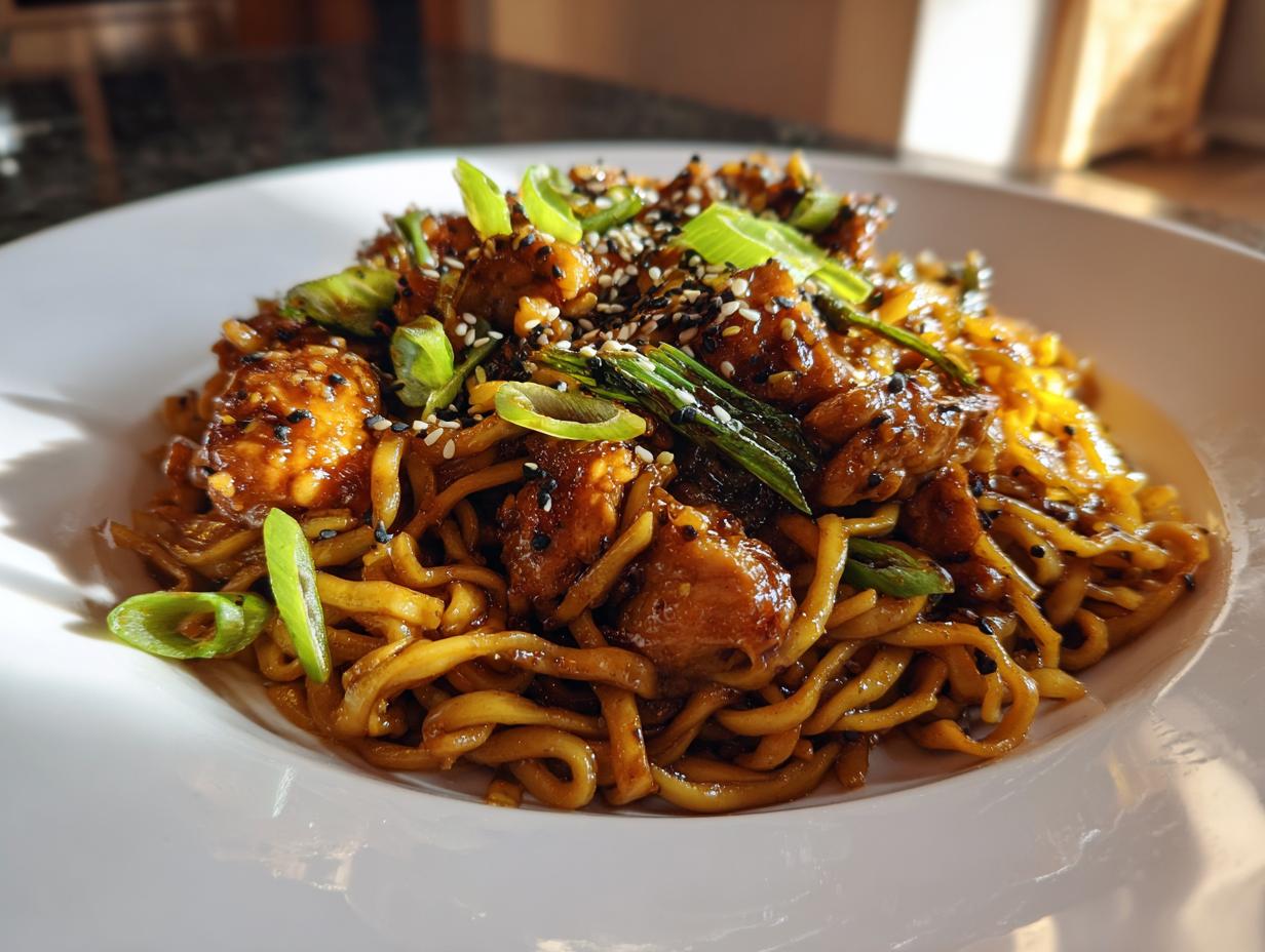 A close-up of glossy sticky garlic chicken noodles topped with sesame seeds and sliced green onions.