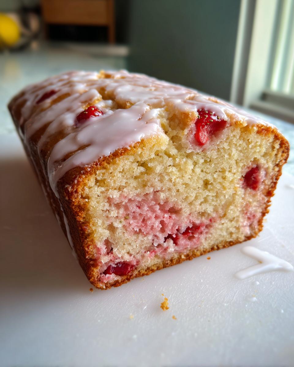 A close-up of a sliced loaf of strawberry lemonade bread topped with a white glaze and visible strawberry pieces.