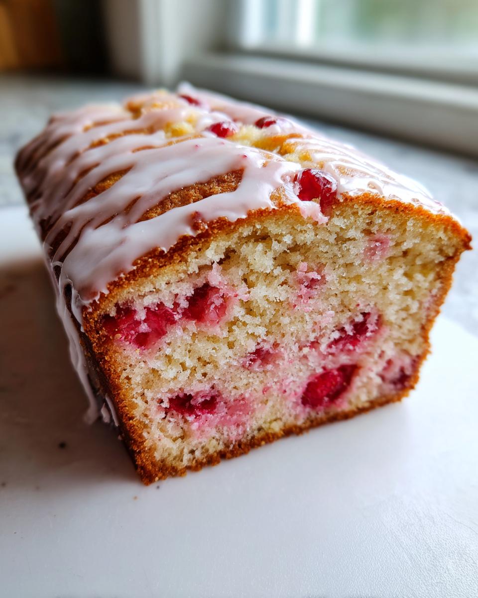 Close-up of a slice of moist strawberry lemonade bread showing bright pink fruit pieces inside and a thick white glaze drizzled on top.