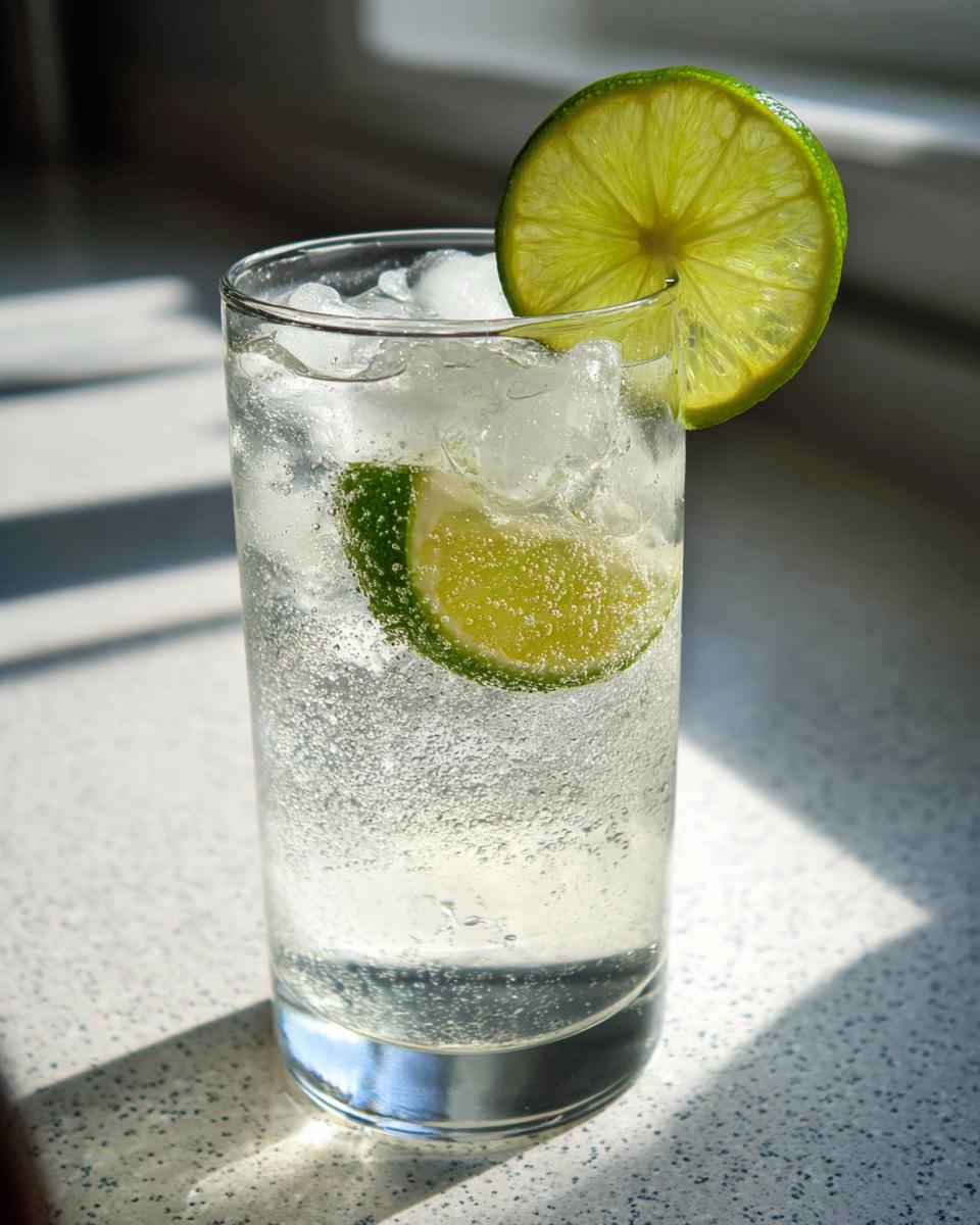 A tall glass filled with ice and a clear vanilla vodka soda, garnished with a bright lime wheel.