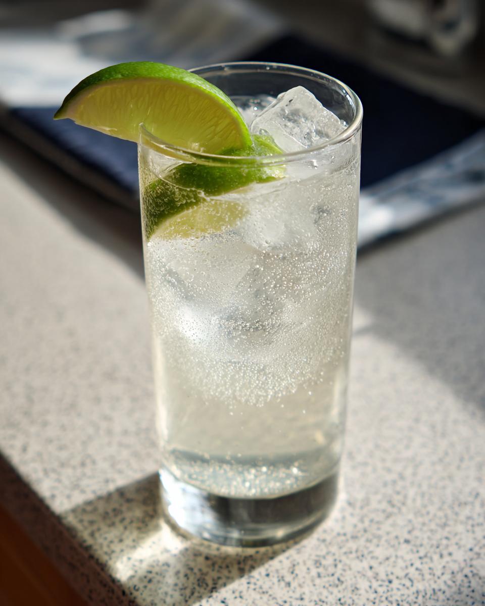 A tall glass filled with ice and a bubbly vanilla vodka soda, garnished with two lime wedges.