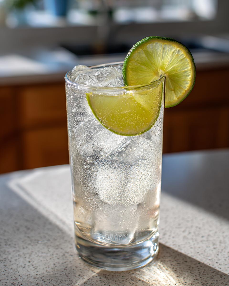 A tall glass filled with ice and a bubbly vanilla vodka soda, garnished with a fresh lime wheel.