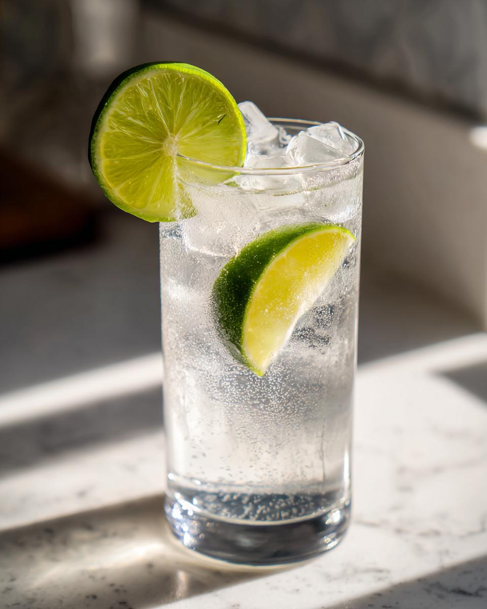 Close-up of a tall glass filled with ice and a bubbly vanilla vodka soda, garnished with two bright lime slices.
