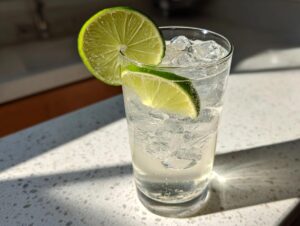 A tall glass filled with ice and a clear vanilla vodka soda, garnished with two bright lime slices.