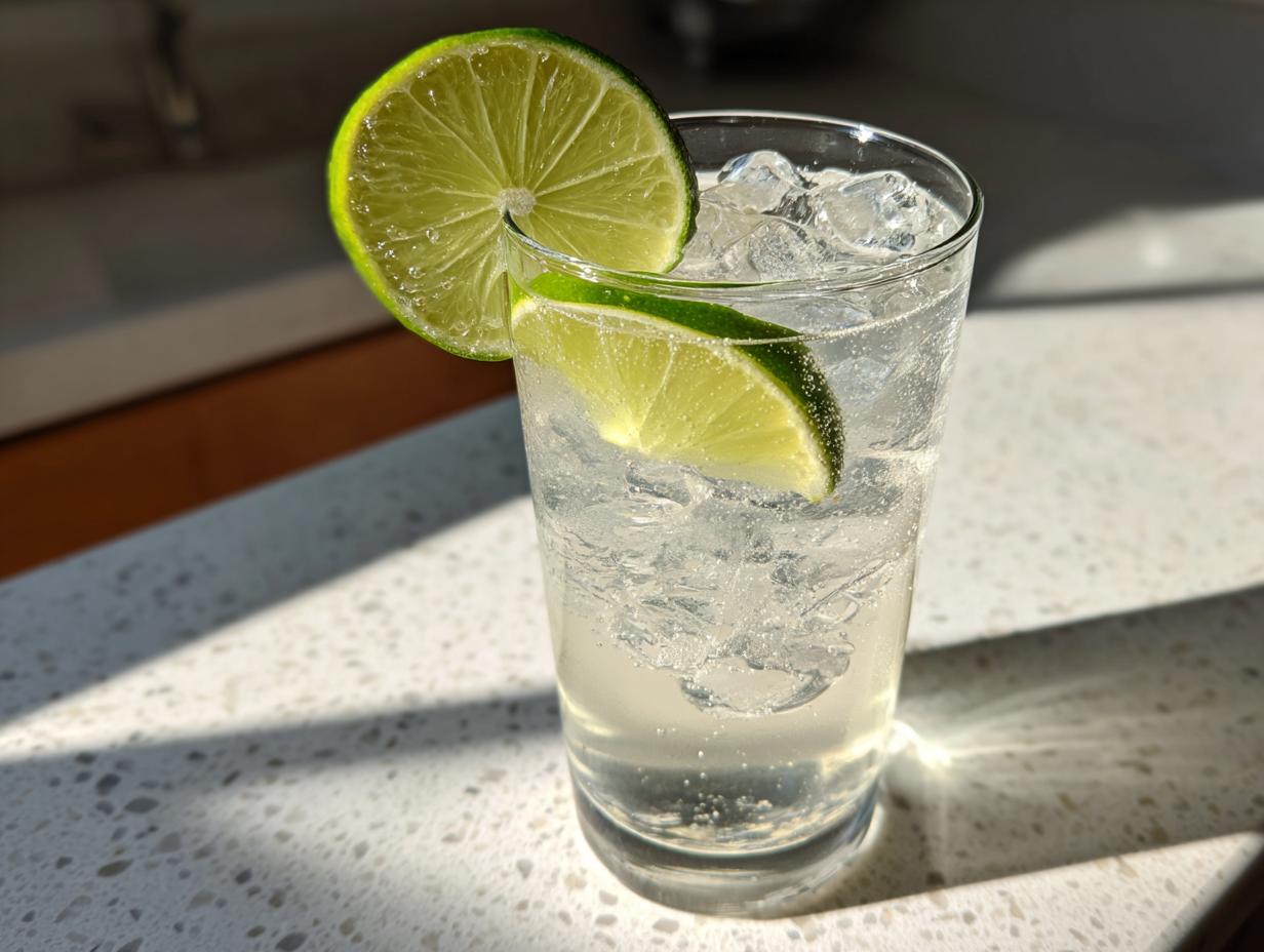 A tall glass filled with ice and a clear vanilla vodka soda, garnished with two bright lime slices.