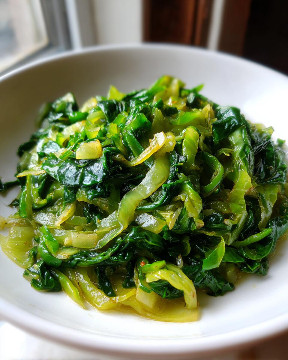 Close-up of a bright green cabbage saute served in a white bowl, highlighting the glossy, cooked texture.