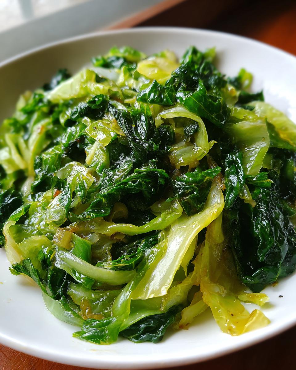 Close-up of a white plate filled with glossy, bright green cabbage saute, highlighting the wilted texture.